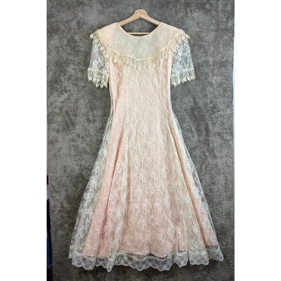 Vintage 80s Pink Peach Lace Dress Victorian Frilly Rosette Coquette Cottage Prom - Picture 2 of 15